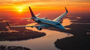 Modern commercial aircraft in flight over Louisiana bayou landscape at sunset with vibrant orange sky