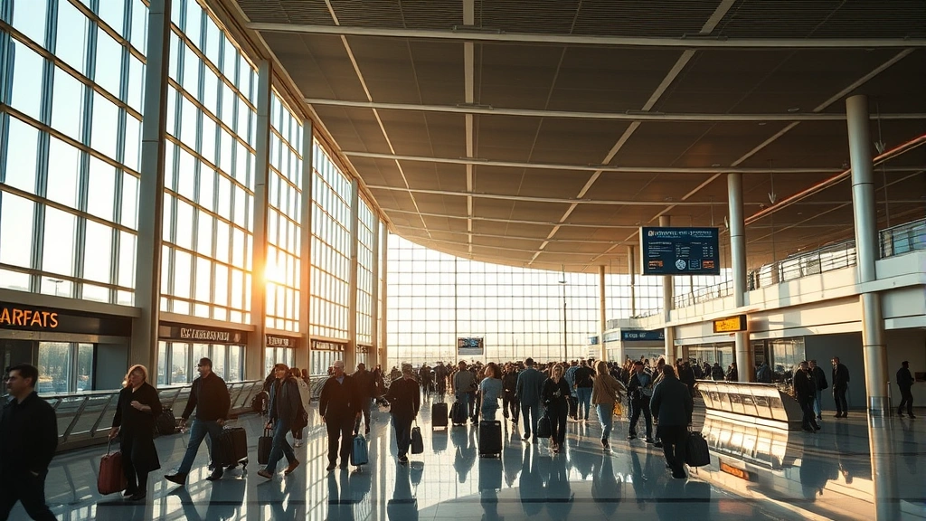 Busy airport terminal at Louis Armstrong New Orleans International Airport with travelers, modern architecture, warm natural lighting