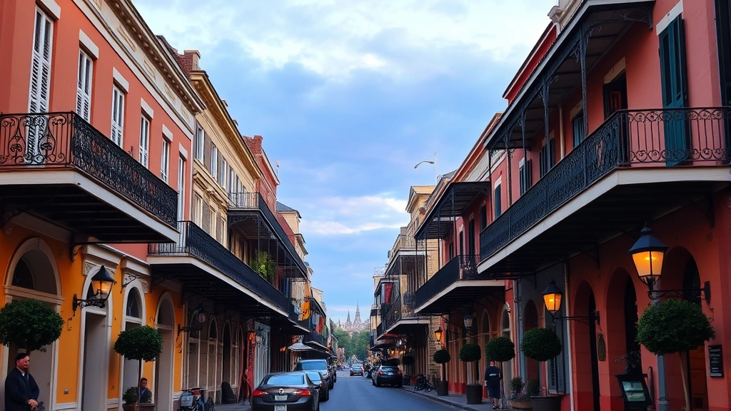 Vibrant New Orleans street scene with historic French Quarter architecture, wrought iron balconies, and colorful colonial buildings at dusk