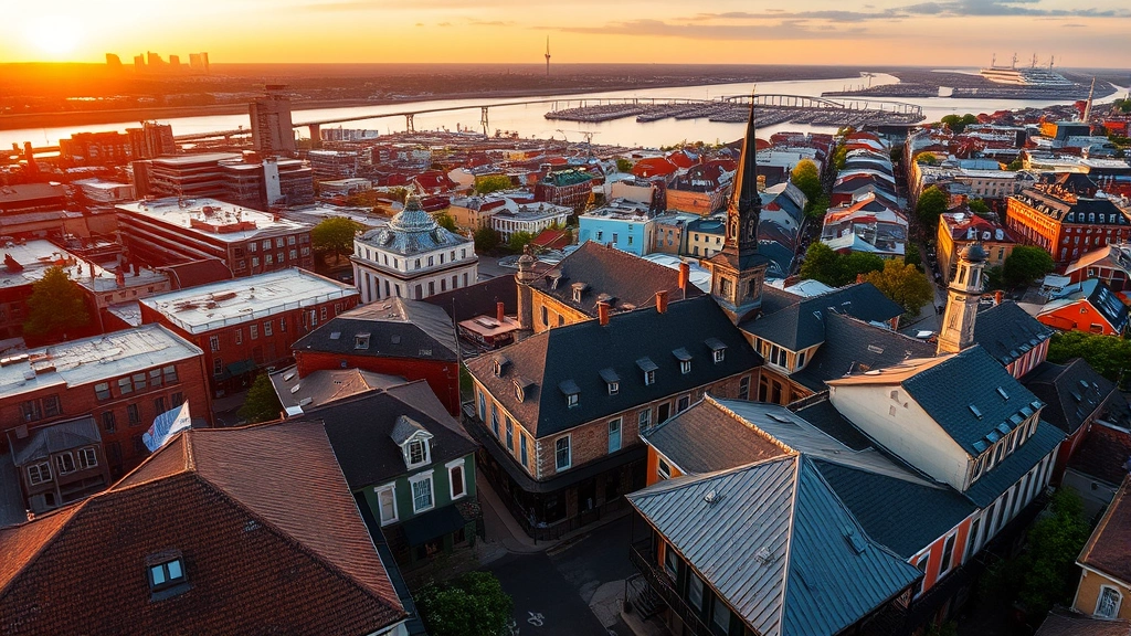 Scenic view of New Orleans French Quarter rooftops and historic buildings from above, Mississippi River visible, sunset golden hour lighting