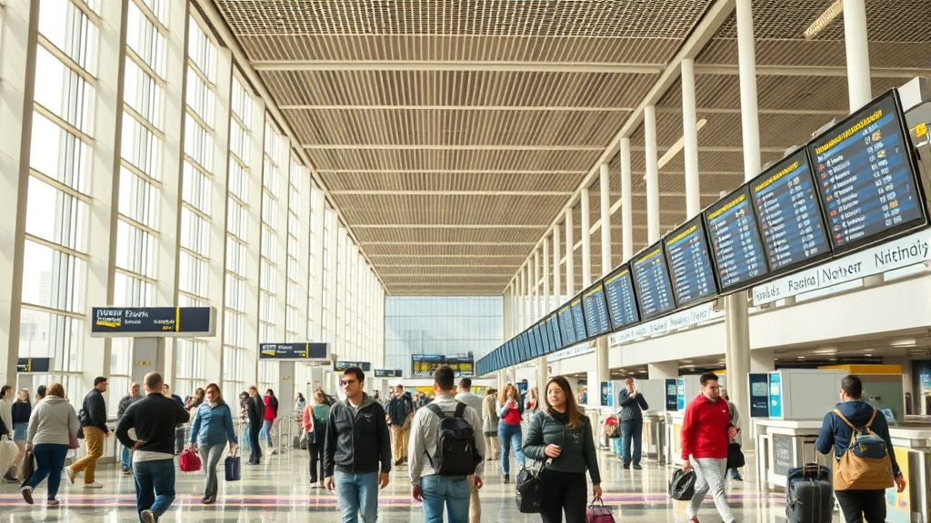 Busy airport terminal interior with travelers at check-in counters and departure boards, modern architecture and natural lighting