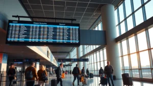 Modern airport departure lounge with illuminated departure board, travelers with luggage, natural daylight streaming through large windows, Indianapolis International Airport aesthetic