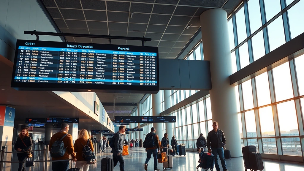 Modern airport departure lounge with illuminated departure board, travelers with luggage, natural daylight streaming through large windows, Indianapolis International Airport aesthetic