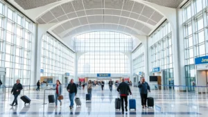 Professional photograph of Indianapolis International Airport terminal interior with modern architecture, travelers walking with luggage, bright natural lighting, contemporary airport design, no visible text or signage