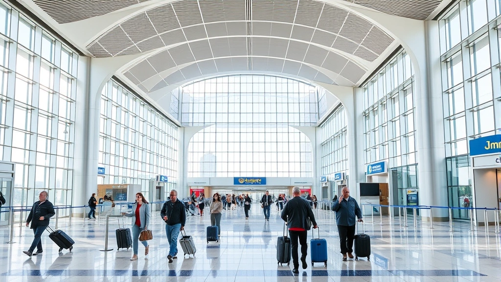 Professional photograph of Indianapolis International Airport terminal interior with modern architecture, travelers walking with luggage, bright natural lighting, contemporary airport design, no visible text or signage