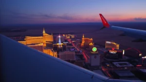 Aerial view of Las Vegas Strip at sunset with neon lights reflecting off buildings, desert landscape visible in distance, commercial airplane wing visible in foreground