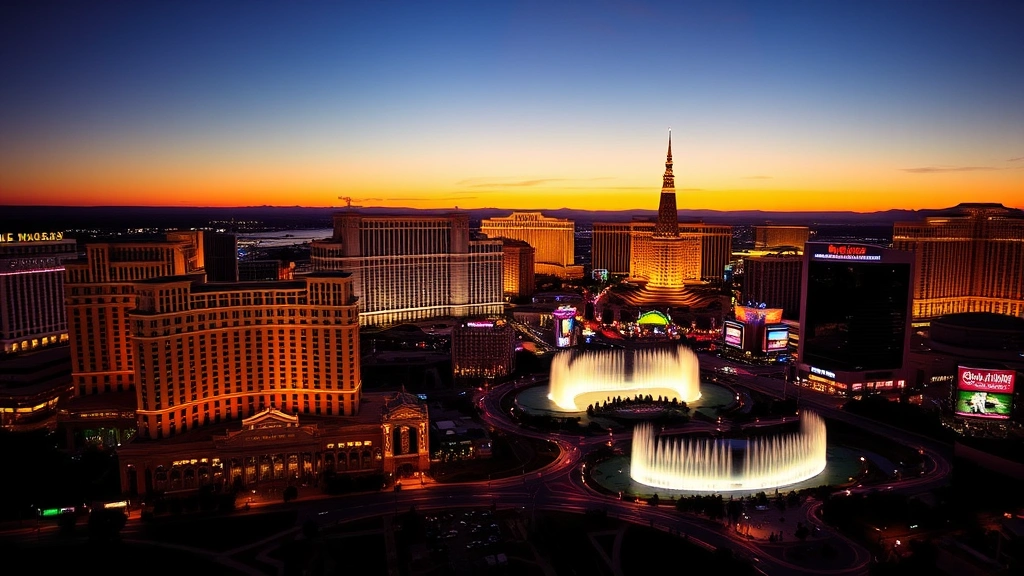 Las Vegas Strip skyline at dusk with illuminated hotel casinos including Bellagio fountains, Luxor pyramid, neon lights reflecting on desert landscape, vibrant evening atmosphere