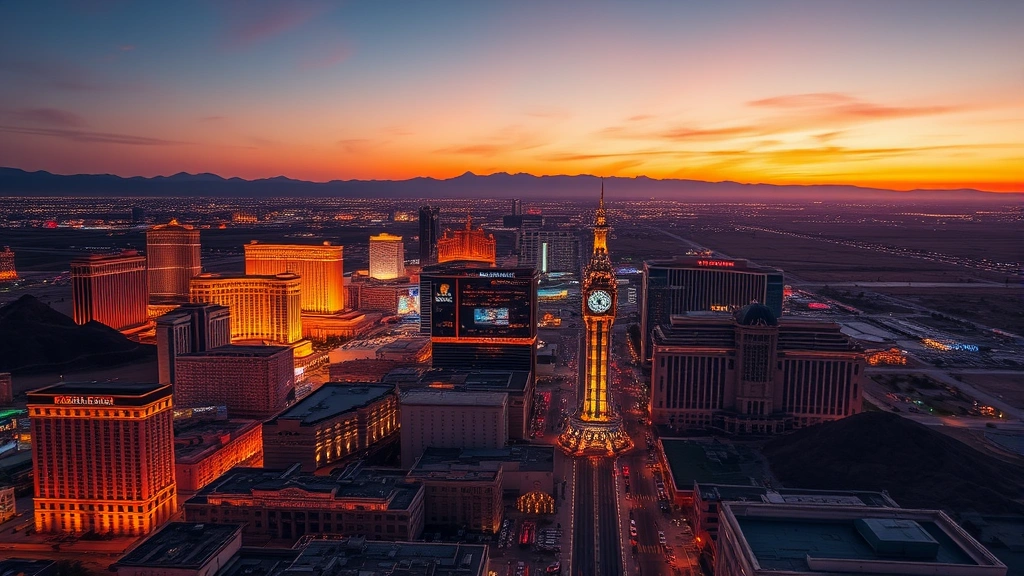 Aerial view of Las Vegas Strip at sunset with bright city lights, desert landscape, hotel casinos glowing, vibrant cityscape, mountain backdrop in distance, photorealistic travel destination imagery