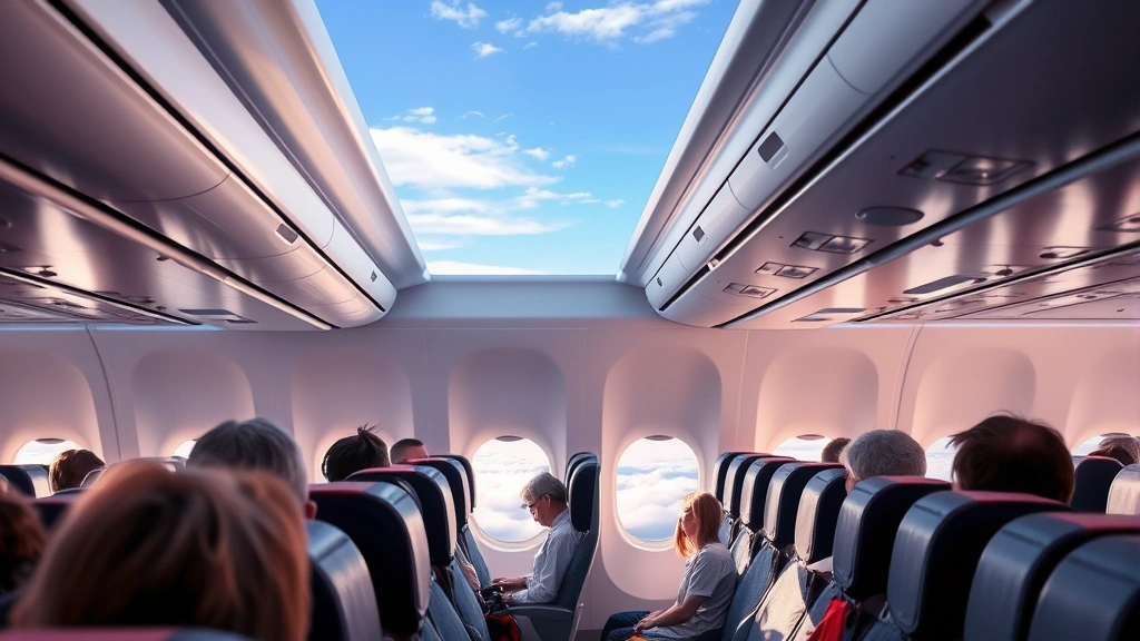 Airplane interior cabin during flight with passengers in seats, window view of clouds and sky, overhead bins, professional airline service environment