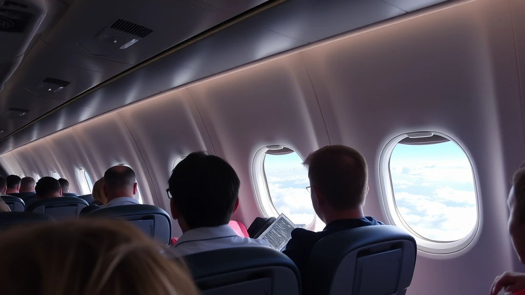 Interior cabin view of commercial aircraft during flight with passengers seated, window showing clouds and sky, natural lighting, modern airplane interior, comfortable seating arrangement, authentic travel experience