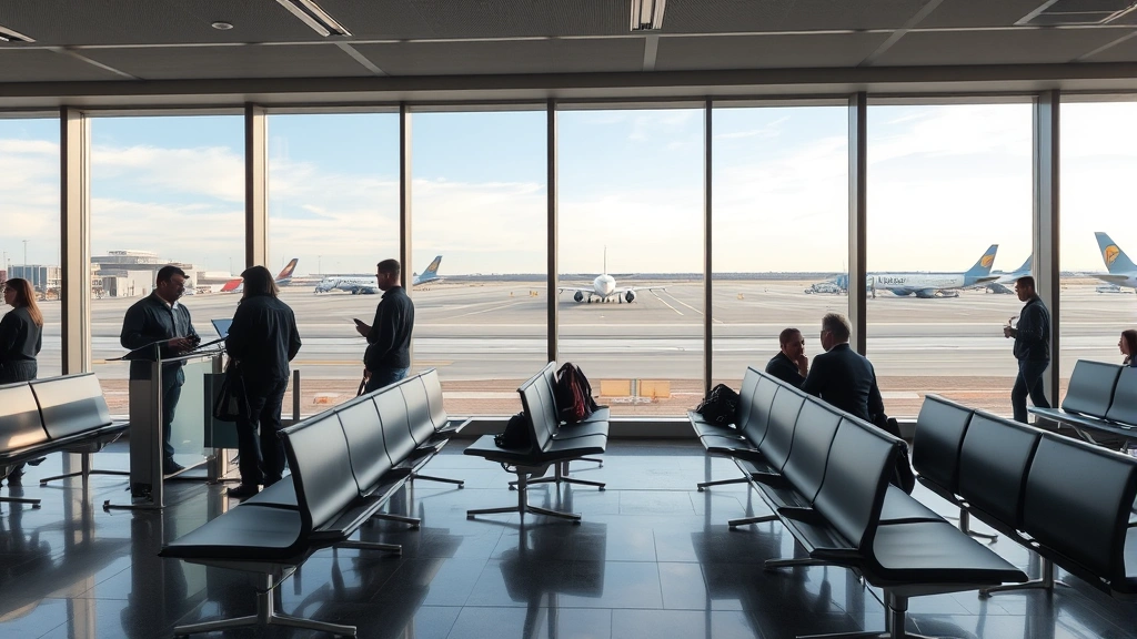 Las Vegas airport gate area with travelers checking phones and boarding, modern airport seating, large windows showing runway and aircraft outside