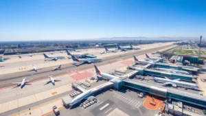 Aerial view of Los Angeles International Airport LAX with multiple aircraft parked at gates and runways, sunny California weather, wide angle perspective