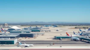 Panoramic view of Los Angeles International Airport (LAX) with modern terminal buildings, aircraft parked at gates, and clear California sky in background, shot from elevated perspective showing runway infrastructure