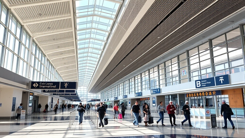 Modern Boston Logan International Airport terminal interior with travelers moving through spacious concourse, natural light, contemporary architecture and signage