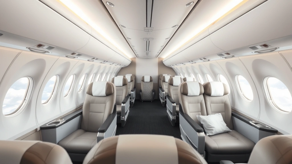 Comfortable airplane cabin interior during daytime flight showing empty business class seats with modern amenities, large windows displaying clouds and sky, neutral lighting highlighting spacious seating