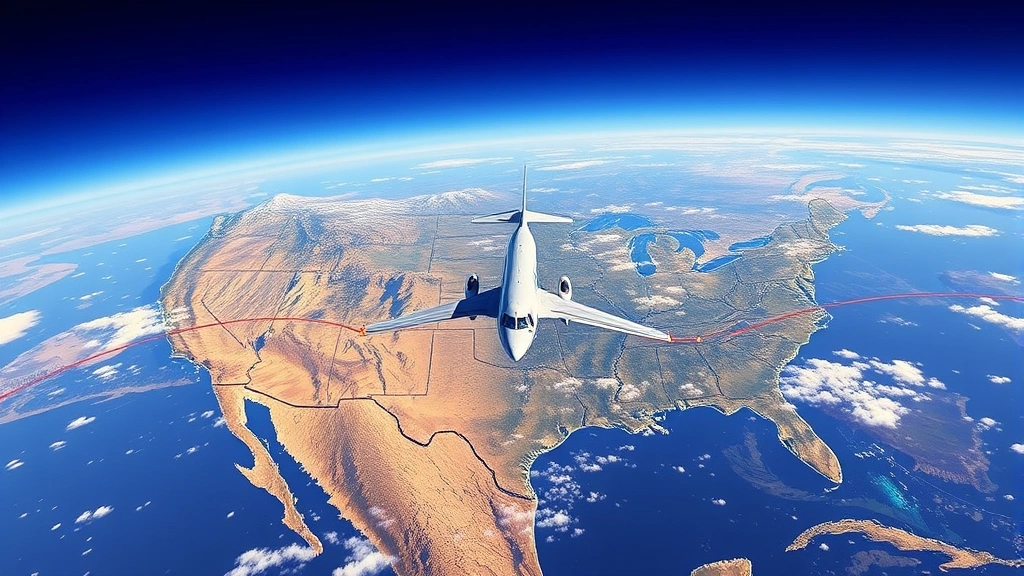 Cross-country flight path visualization showing airplane flying over diverse American landscape from California coast through mountain ranges to New England, aerial perspective