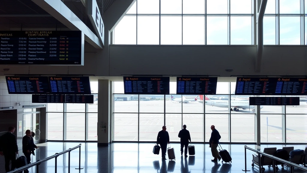 Boston Logan International Airport terminal interior with modern architecture, travelers walking with luggage, departure boards displaying flight information, natural lighting from large windows showing tarmac with aircraft