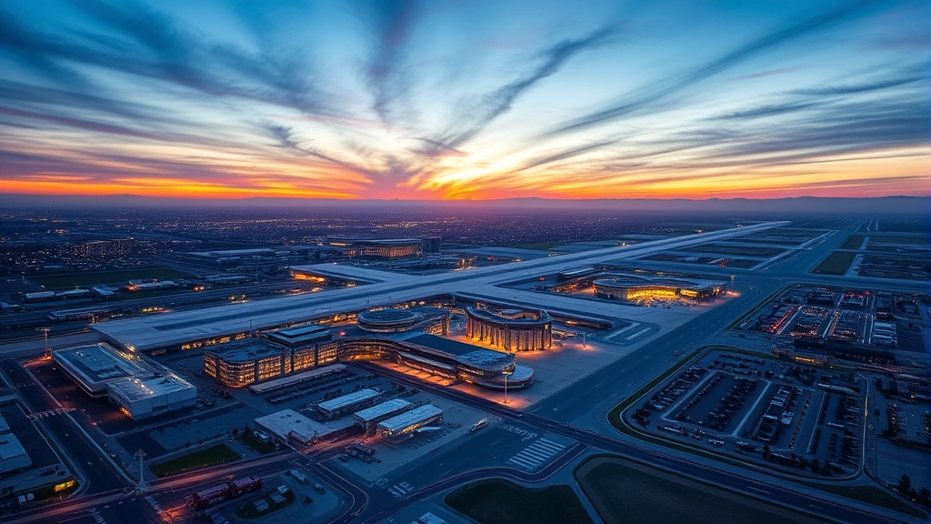 Aerial view of Los Angeles International Airport (LAX) terminal buildings and runways at sunset with California landscape, photorealistic travel photography