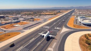 Aerial view of Los Angeles International Airport LAX with aircraft on runway, palm trees visible, sunny Southern California landscape in background