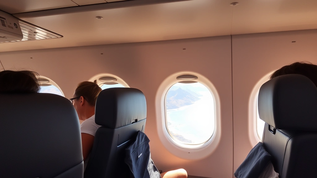 Modern aircraft cabin interior showing passengers during flight with window views of Mexican coastline and mountains below, bright natural lighting