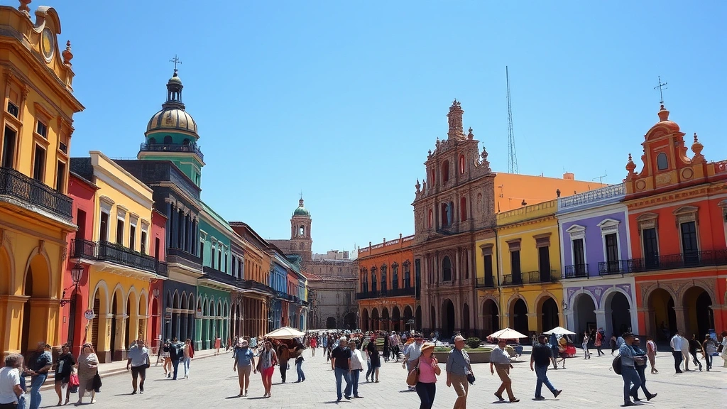 Vibrant colonial architecture of Guadalajara Mexico with colorful buildings and historic plaza, tourists walking, clear blue sky, cultural atmosphere