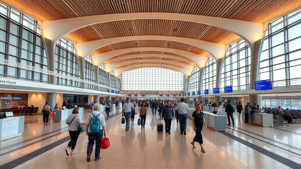 Guadalajara International Airport modern terminal interior with travelers and check-in counters, warm architectural lighting, travel hub atmosphere