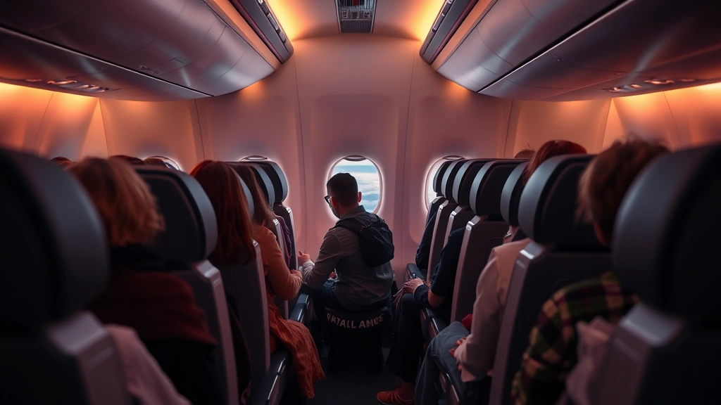 Modern aircraft cabin interior during flight with passengers, window seat view of clouds below, warm cabin lighting, comfortable seating arrangement