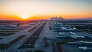 Aerial view of Los Angeles International Airport (LAX) with runway, taxiway, and aircraft parked at gates at sunset with city skyline in background