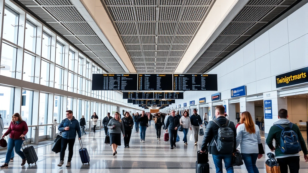 Busy airport terminal interior with travelers walking through modern corridor, departure boards visible in background, natural lighting from windows