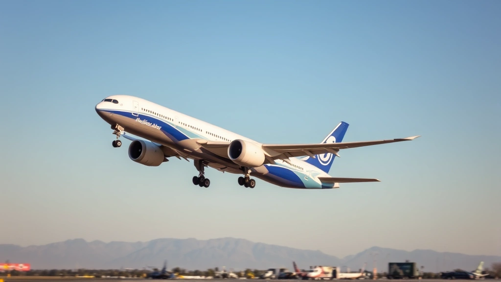 Modern Boeing 787 Dreamliner taking off from LAX runway with wing flaps extended, clear sky, mountains visible in distance