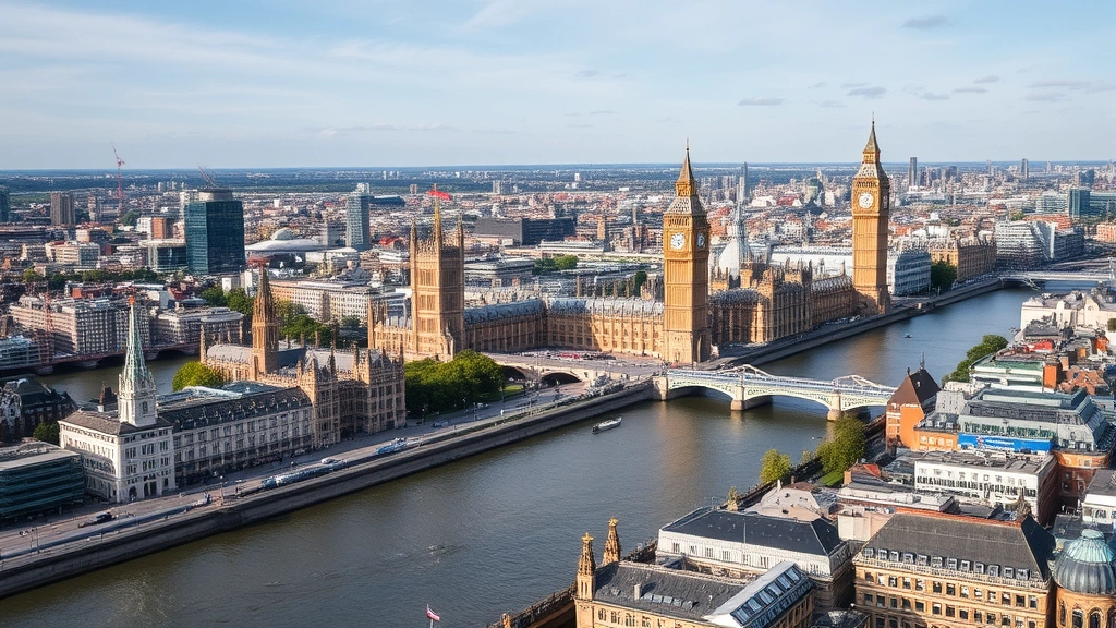 Aerial view of London city skyline with River Thames winding through urban landscape, Big Ben and Parliament buildings prominent, daytime photography