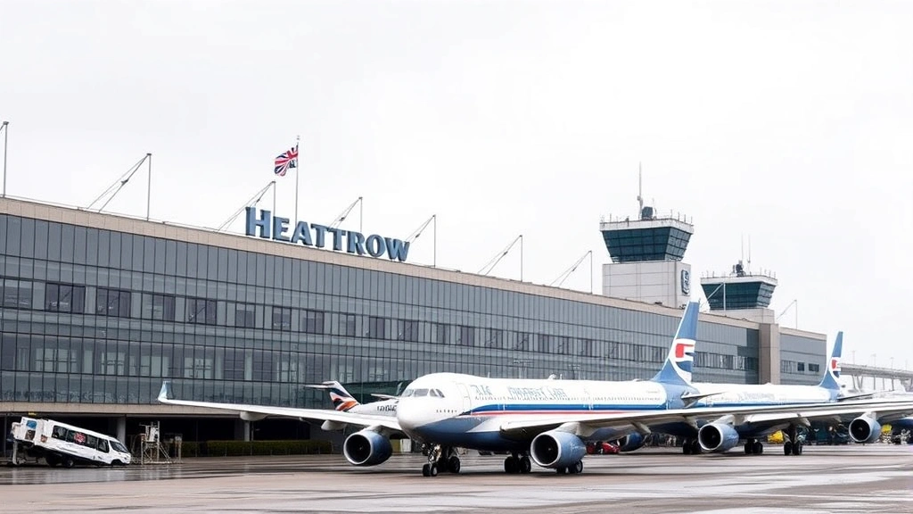 London Heathrow Airport terminal building exterior with multiple aircraft docked, British flag visible, overcast London weather, iconic architecture