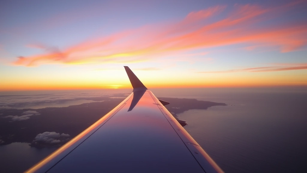 Airplane wing over coastal landscape at sunset during cross-country flight over ocean