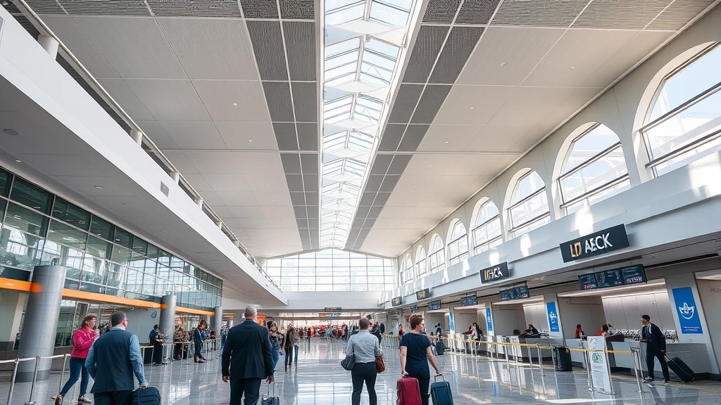 Memphis International Airport departure hall with modern architecture, airline check-in counters, bright natural lighting from skylights, travelers with luggage, professional business travelers and families visible, clean modern airport terminal design