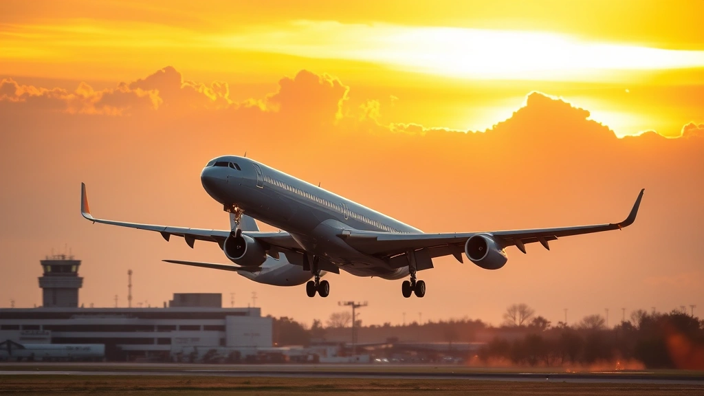 Commercial aircraft taking off from runway at dawn with golden sunrise lighting, Memphis airport infrastructure visible in background, plane climbing with gear down, dramatic sky with clouds, dynamic aviation action