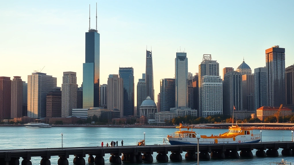 Chicago skyline featuring Willis Tower, Lake Michigan waterfront, modern skyscrapers reflecting sunlight, downtown architecture with river in foreground, urban landscape at golden hour, recognizable Chicago landmarks