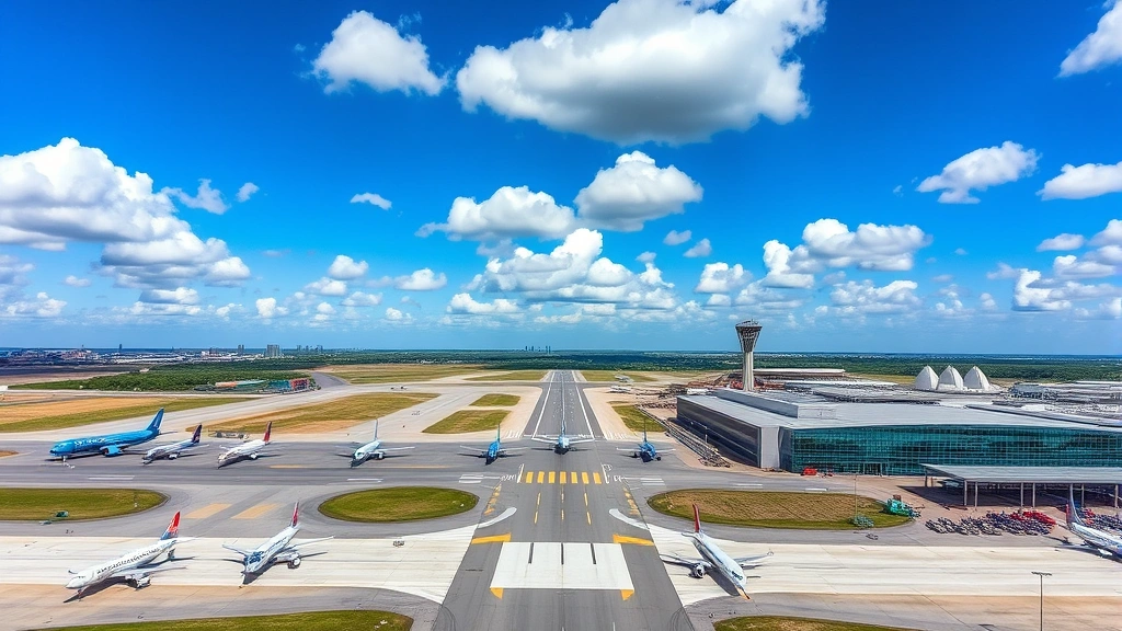 Aerial view of Memphis International Airport with commercial aircraft on runway, modern terminal buildings, clear blue sky with white clouds, vibrant natural lighting capturing the bustling airport environment
