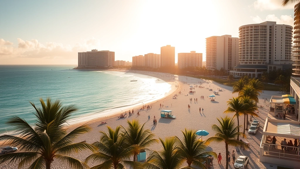 Sunlit Miami beach scene with Art Deco buildings in background, turquoise ocean water, white sandy beach with palm trees, tourists enjoying the waterfront, golden afternoon light creating warm atmosphere