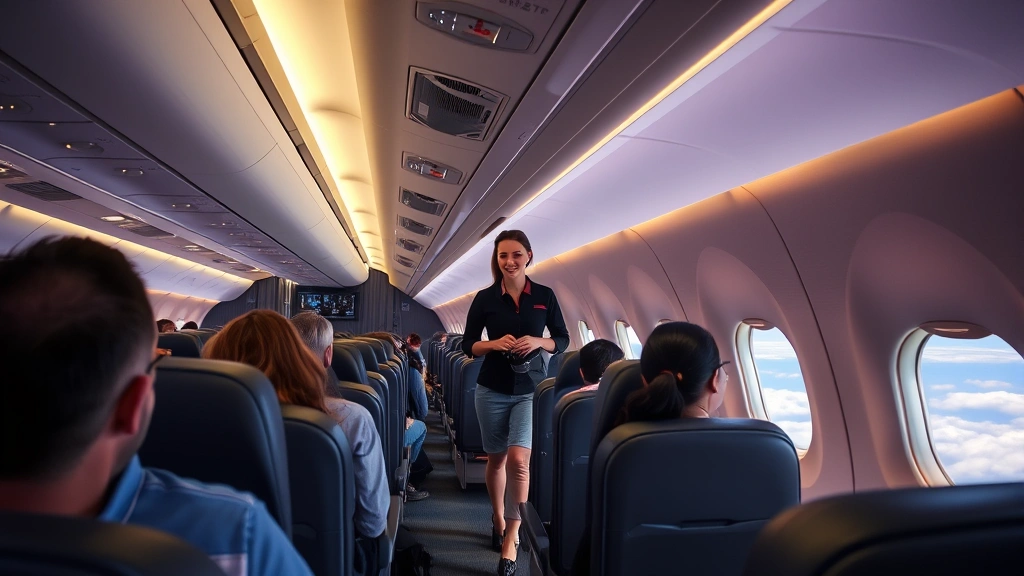 Modern airplane cabin interior during flight with passengers seated comfortably, window view showing clouds and blue sky, warm cabin lighting, professional flight attendant walking through aisle serving passengers