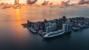 Aerial sunset view of Miami skyline with cruise ships and ocean, golden hour lighting, photorealistic travel photography