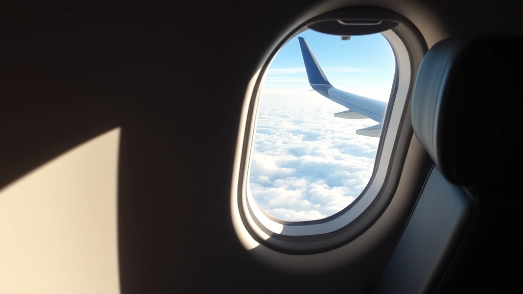 Modern aircraft cabin interior during transatlantic flight, passenger window seat with wing visible over Atlantic Ocean clouds, realistic travel scene