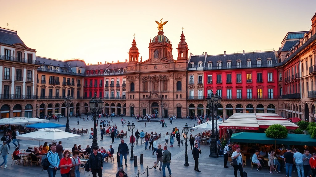 Madrid's historic Plaza Mayor at golden hour with tourists and outdoor cafes, warm Mediterranean lighting, vibrant travel destination photography