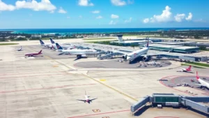 Overhead view of Miami International Airport with planes on tarmac, sunny Florida weather, clear blue sky and terminal buildings visible