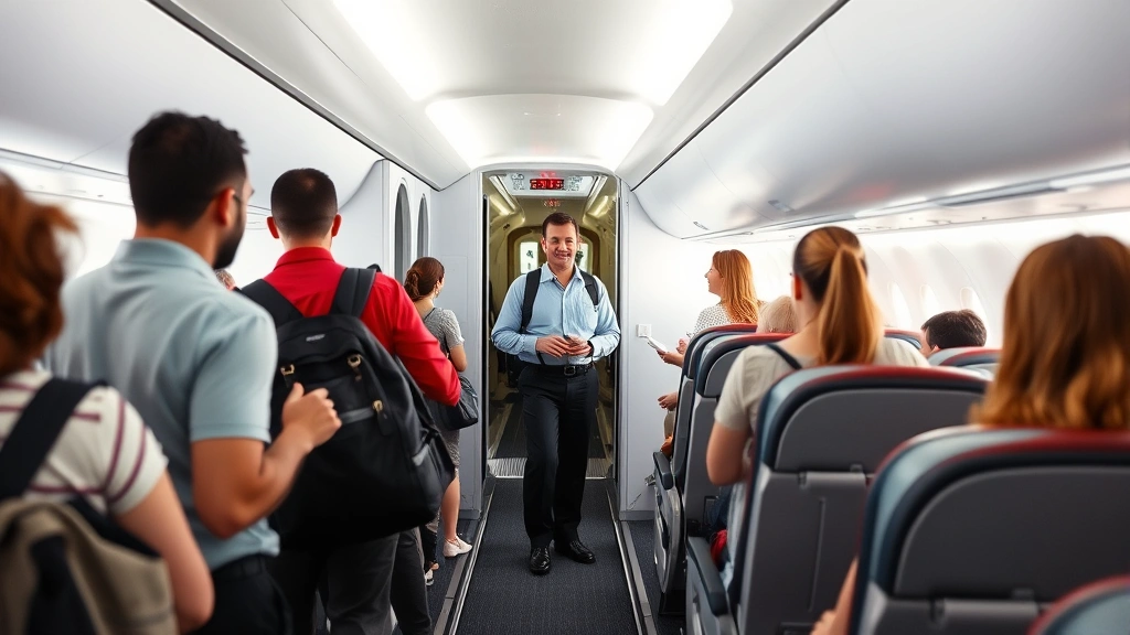 Passengers boarding a domestic aircraft at Miami airport gate, flight attendants greeting travelers, modern aircraft cabin interior with seats