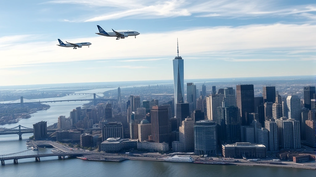 Aerial cityscape of Manhattan NYC skyline with skyscrapers, Hudson River, and commercial aircraft approaching LaGuardia or JFK airport