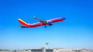 Aerial view of a Southwest Airlines aircraft taking off from Milwaukee General Mitchell International Airport on a clear blue-sky day, with runway and airport terminal visible below