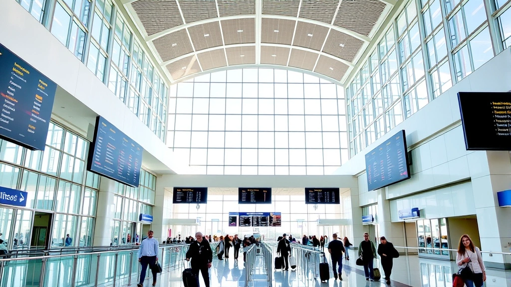 Modern airport terminal interior at Orlando International Airport showing departure boards, passengers walking with luggage, bright natural lighting from large windows, and contemporary architectural design