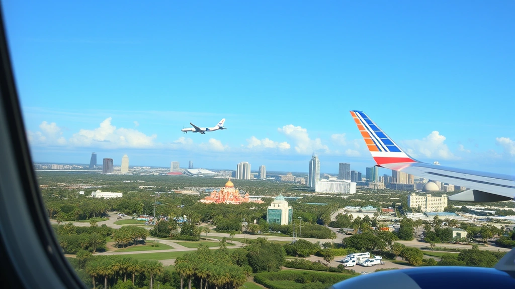 Scenic view of Orlando skyline featuring theme park attractions and downtown buildings in the distance, with palm trees and blue sky, from a window seat perspective of an aircraft approaching the airport