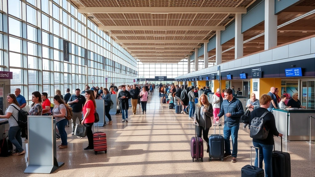 Nashville International Airport departure hall with travelers at check-in counters, modern glass architecture, natural lighting, diverse passengers with luggage, busy travel scene