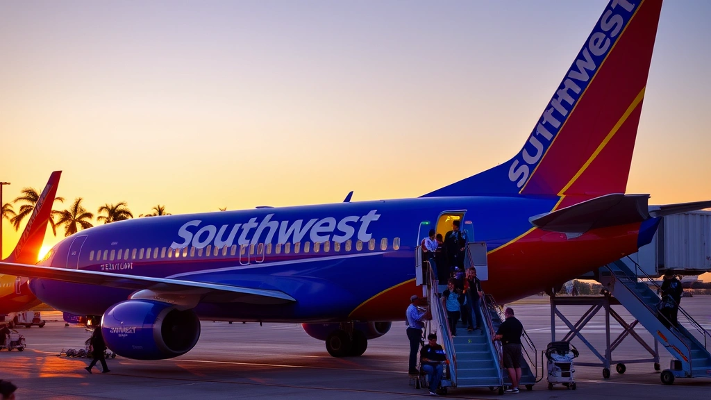 Passengers boarding Southwest Airlines aircraft on tarmac at sunset, golden hour lighting, plane boarding stairs, tropical palm trees visible, warm evening light